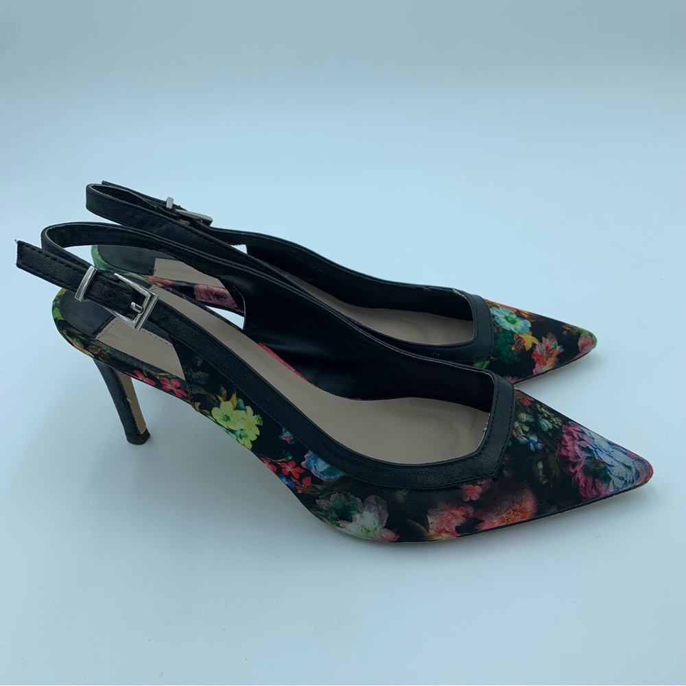 Dorothy Perkins Black Floral Sling Back Shoes Stiletto Heels  Faux Leather UK 7 - Picture 9 of 13